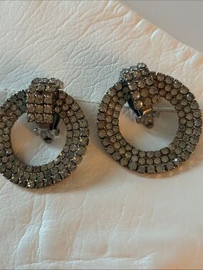 Vintage Silver Crystal Hoop Clip-On Earrings